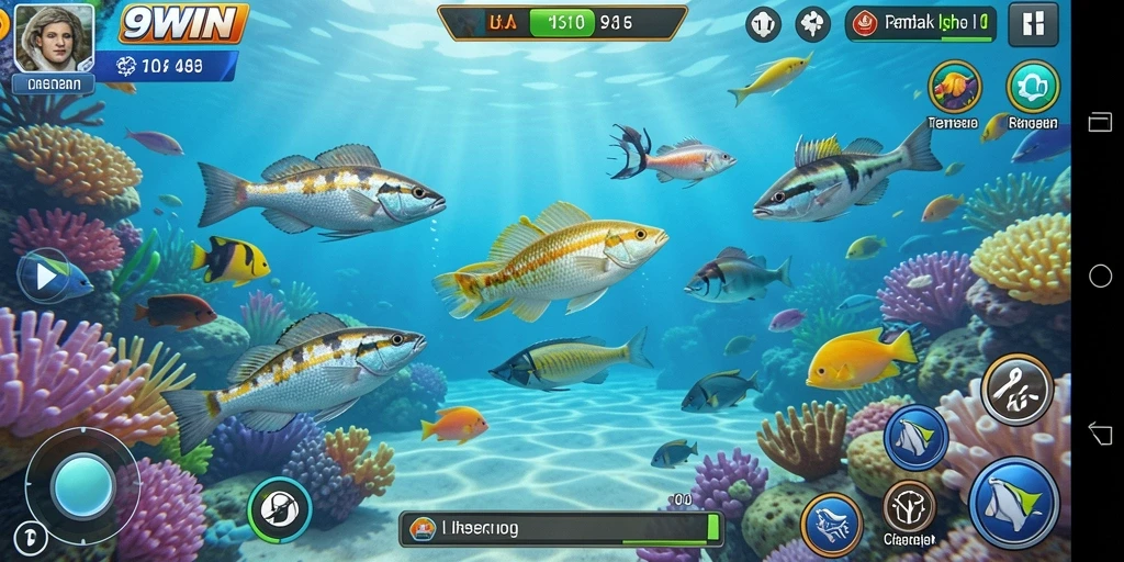Gameplay seru 9WIN saat menembak ikan di lautan.