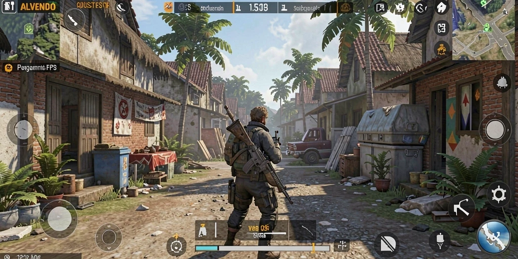 Screenshot utama ALVENDO menampilkan aksi intens pertempuran FPS.