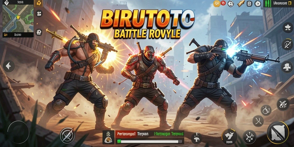 Tampilan mendebarkan dari gameplay BIRUTOTO dalam pertempuran Battle Royale.