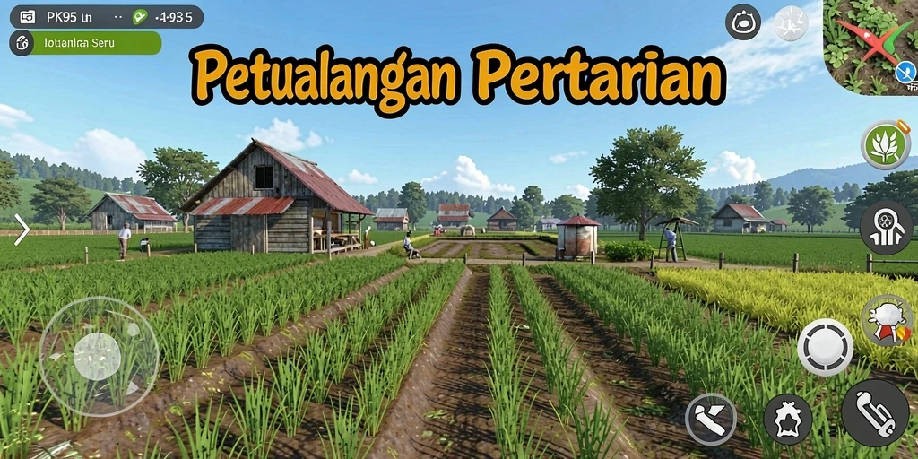 Tangkapan layar gameplay PK95 menampilkan ladang hijau dan aktivitas bertani yang seru.
