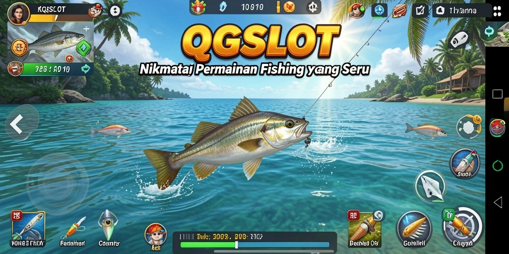 Screenshot permainan QQSLOT menunjukkan aksi seru memancing di lautan.