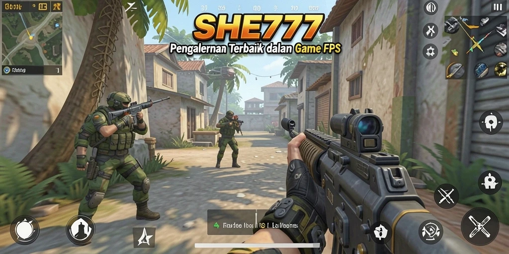 Tampilan gameplay intens dari SHE777 dalam pertempuran FPS.