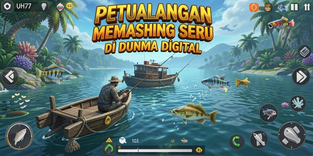 Screenshot UH77 menunjukkan momen seru saat menangkap ikan di danau.