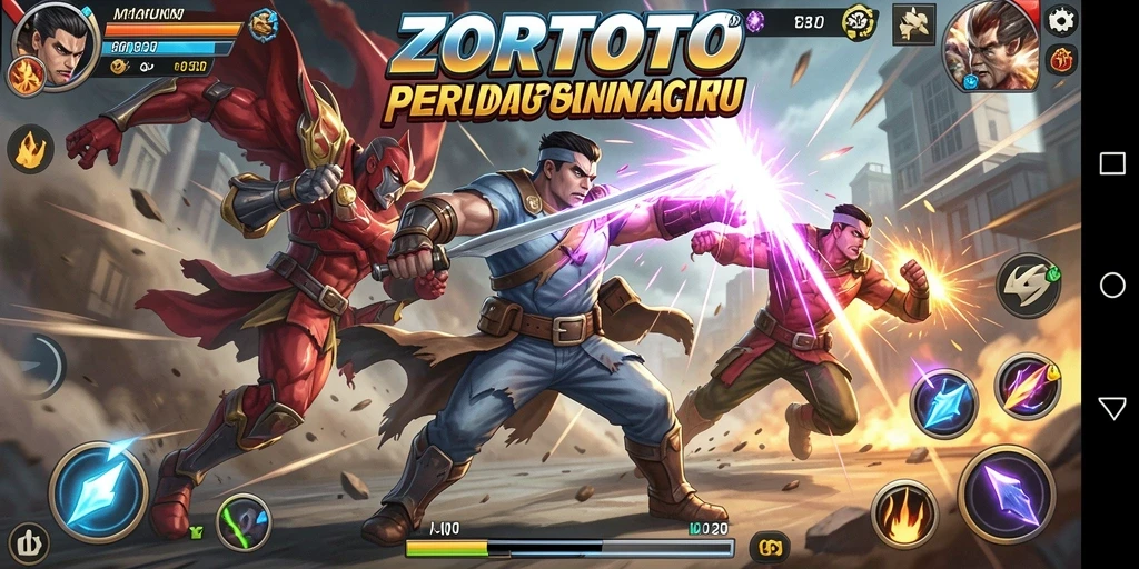 Tangkapan layar utama ZORTOTO menunjukkan pertarungan intens di dunia action.